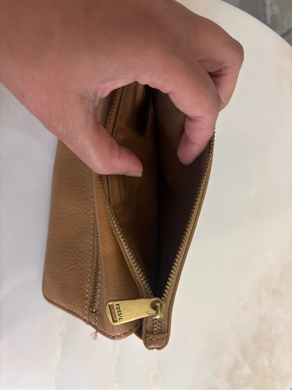 Fossil Tan Leather Zip Card Wallet with Gold Hardware
